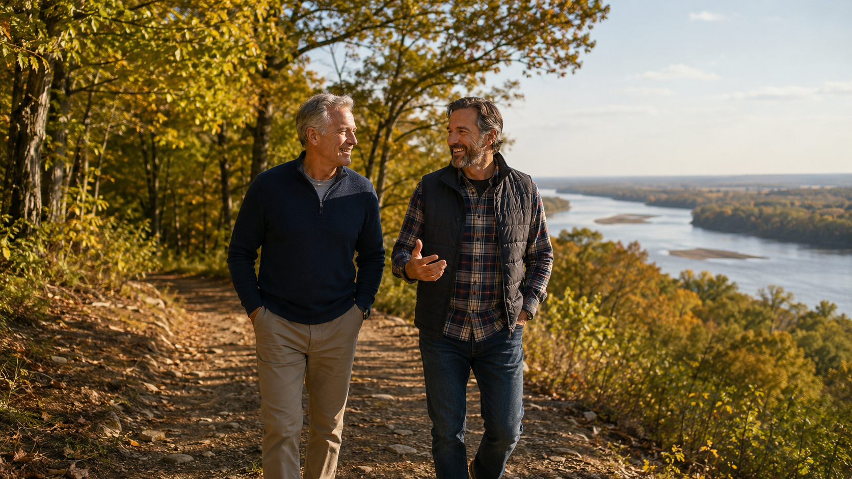 Two men walking a bluff trail above the river in autumn