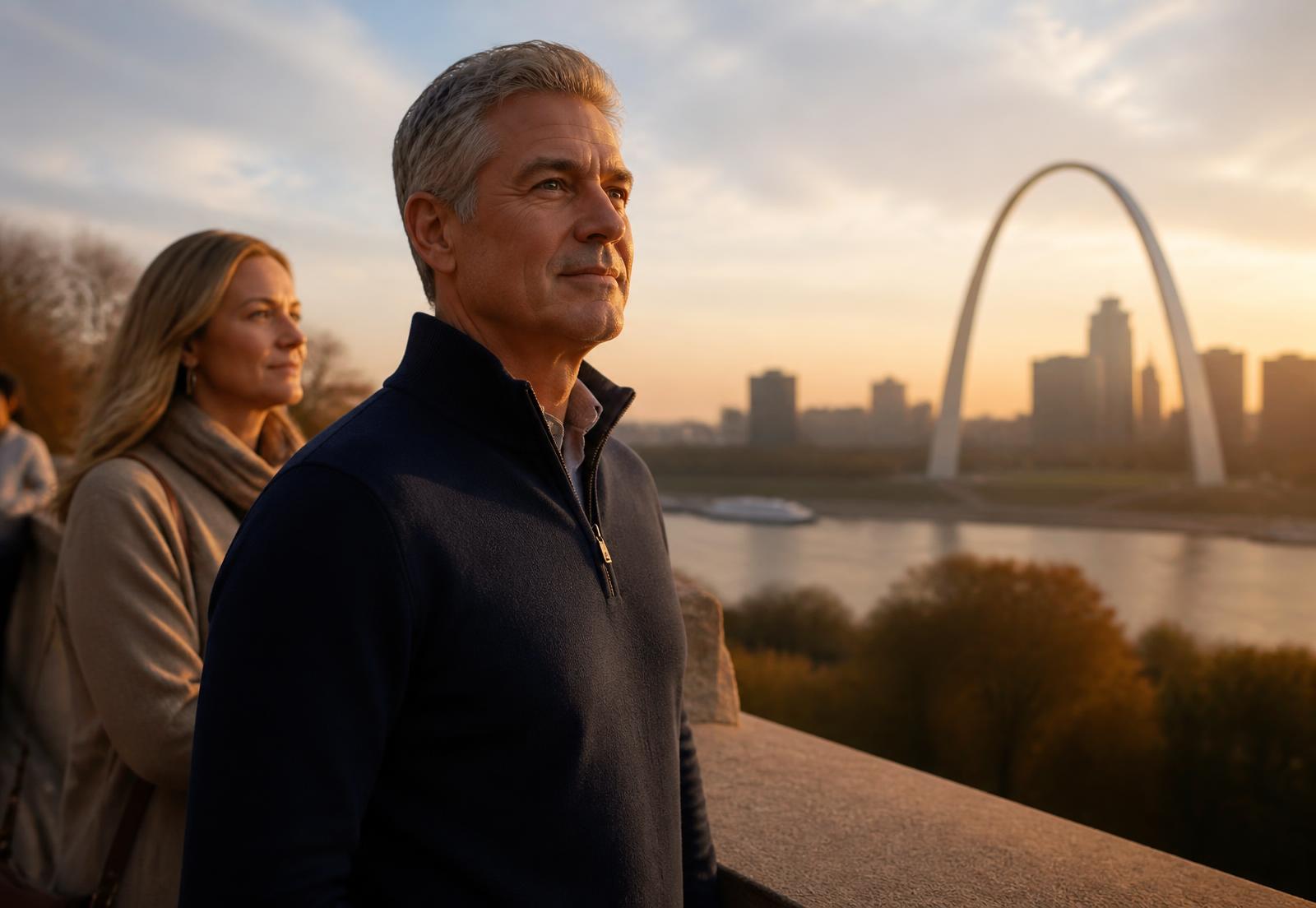 A man and his wife looking out over the Mississippi River toward the Gateway Arch at sunset in St. Louis